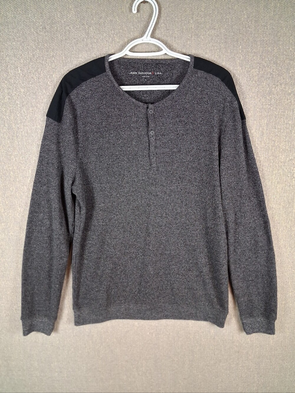 John Varvatos USA Thermal Henley Shirt Mens Large Gray Elbow Patch Long Sleeve